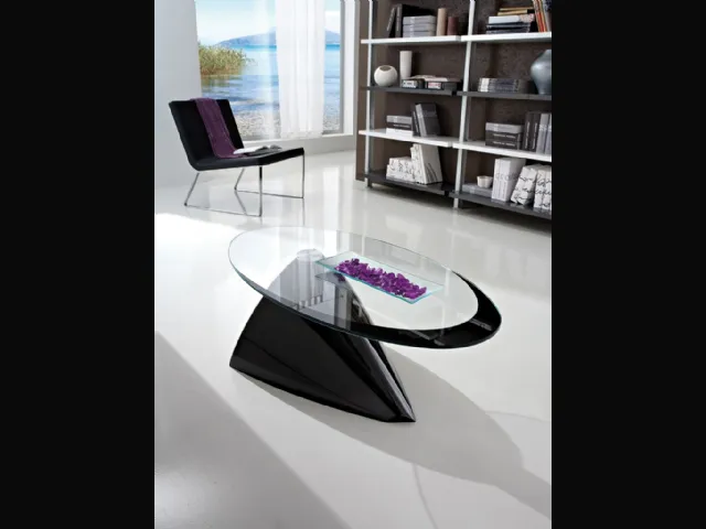 Tavolino di design in vetro con basamento in marmo sintetico verniciato Nero Pamela di La Primavera