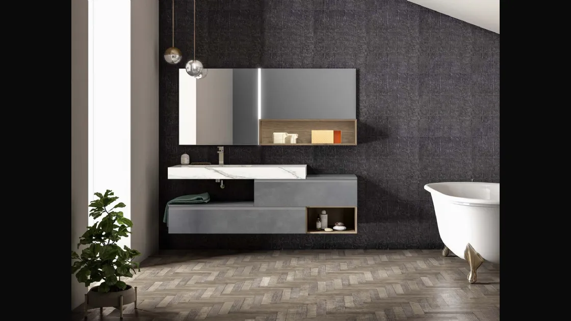 Mobile da Bagno sospeso in laccato metallico piombo Lapis 05 di Birex