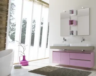 Mobile da Bagno sospeso Cloud 06 in laccato lucido rosa e laccato effetto cemento grigio chiaro di Arredoquattro