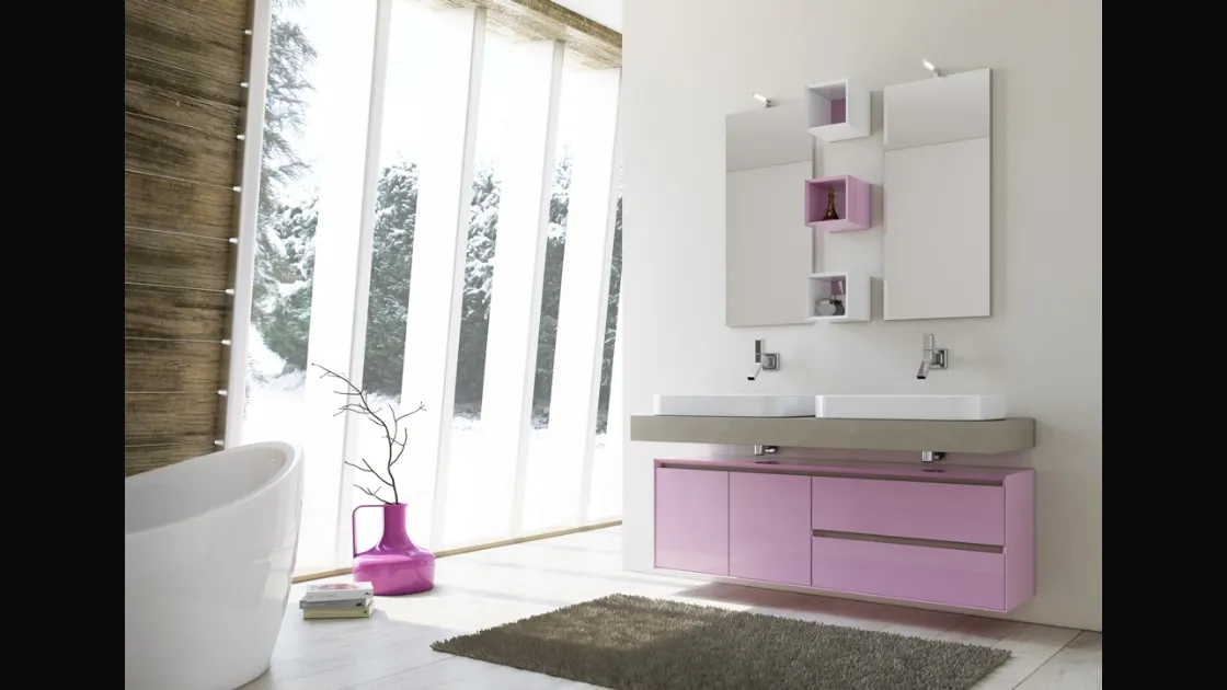 Mobile da Bagno sospeso Cloud 06 in laccato lucido bianco e rosa e laccato effetto cemento grigio chiaro di Arredoquattro