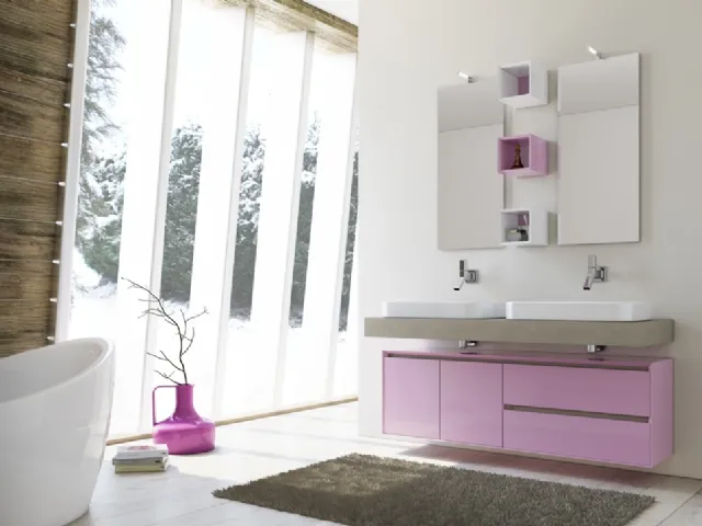 Mobile da Bagno sospeso Cloud 06 in laccato lucido bianco e rosa e laccato effetto cemento grigio chiaro di Arredoquattro