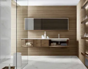 Mobile da Bagno con elementi a giorno con struttura in alluminio laccato e listelli in noce canaletto e top in marmo Fjord 24 08 di Milldue