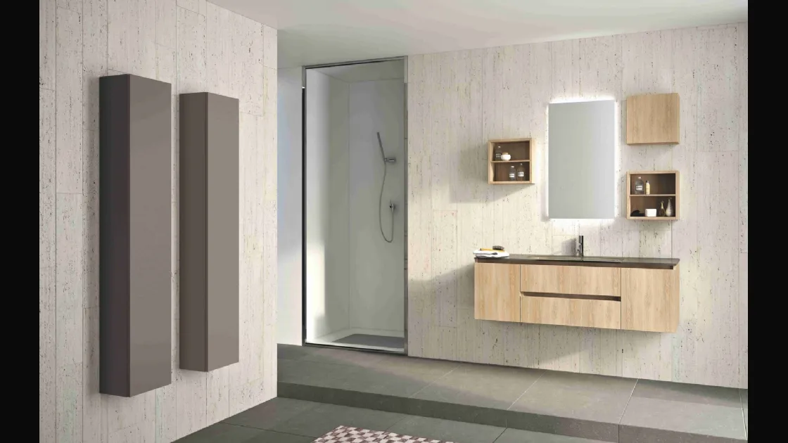 Mobile da Bagno sospeso Hope 01 in laminato rovere rustico e top integrato in cristallo di Arredoquattro