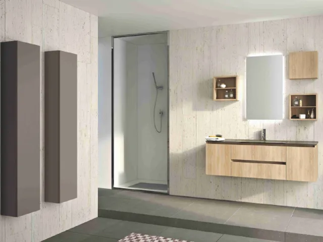 Mobile da Bagno sospeso Hope 01 in laminato rovere rustico e top integrato in cristallo di Arredoquattro