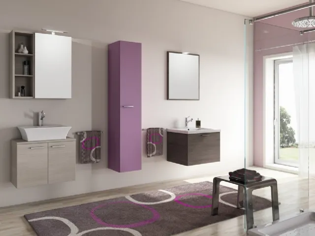 Mobile da Bagno sospeso Hope 11 in laminato Pino chiaro, laminato Noce Canaletto e laccato opaco lampone di Arredoquattro