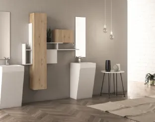 Mobile da Bagno sospeso con lavabi a terra Original 13 in laminato rovere rustico e laccato bianco opaco di Arredoquattro