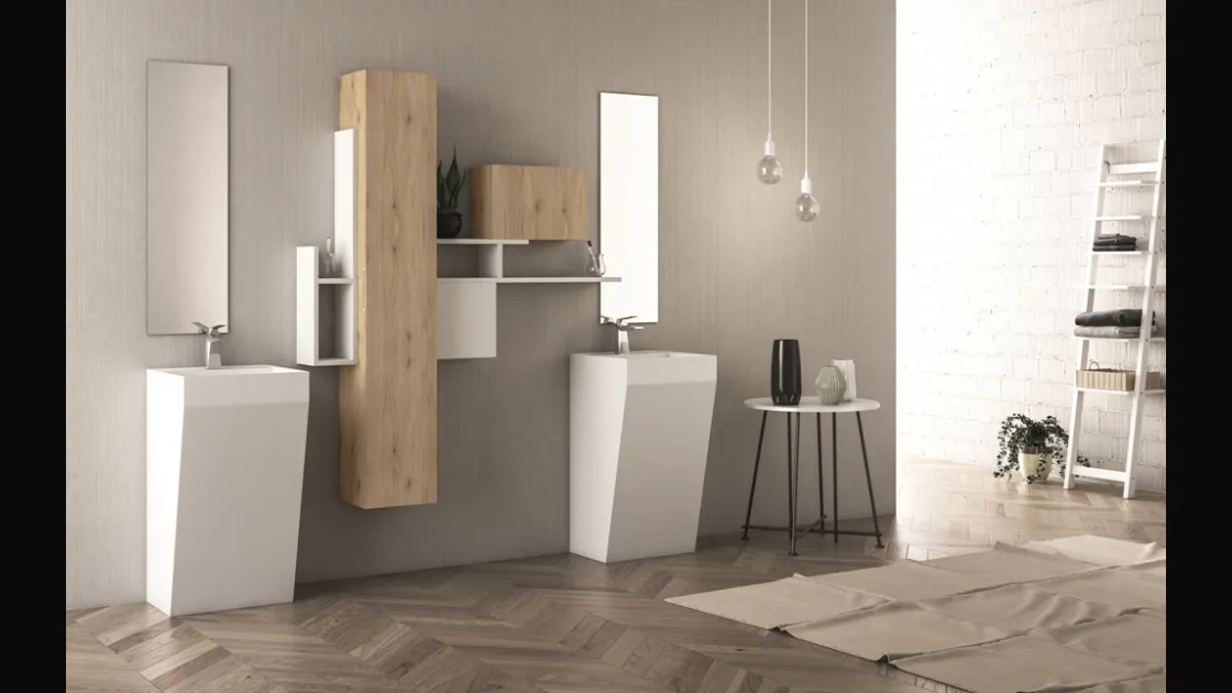 Mobile da Bagno sospeso con lavabi a terra Original 13 in laminato rovere rustico e laccato bianco opaco di Arredoquattro