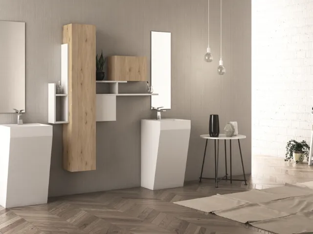 Mobile da Bagno sospeso con lavabi a terra Original 13 in laminato rovere rustico e laccato bianco opaco di Arredoquattro