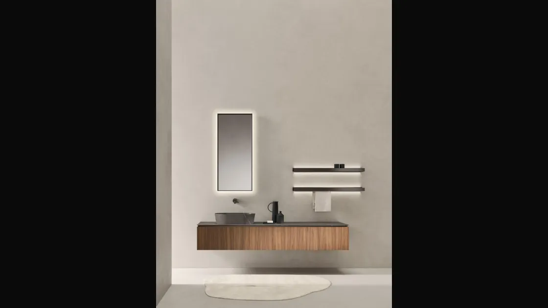 Mobile da Bagno sospeso in Noce Canaletto con top e lavabo da appoggio in pietra Medea Puro 24 02 di Milldue
