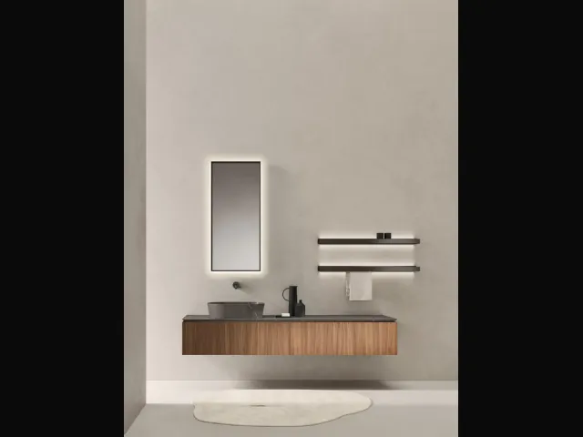 Mobile da Bagno sospeso in Noce Canaletto con top e lavabo da appoggio in pietra Medea Puro 24 02 di Milldue