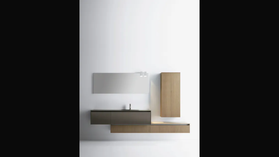Mobile da Bagno con top in vetro extrachiaro retroverniciato e basi sospese in laccato lucido e rovere miele Sintesi 19 09 di Milldue