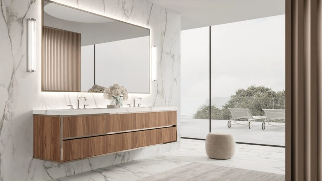 Mobile da Bagno sospeso Vitage Algonquin 04 in noce canaletto e gres di Milldue