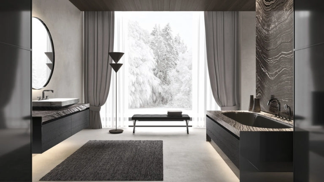 Mobile da Bagno sospeso Vitage Four Seasons 17 in rovere nero e marmo di Milldue