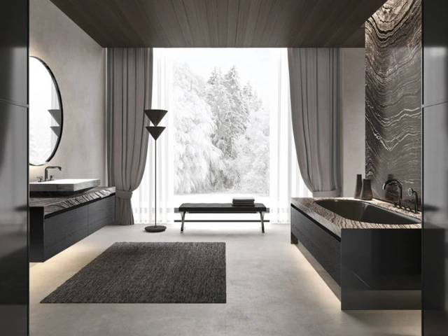 Mobile da Bagno sospeso Vitage Four Seasons 17 in rovere nero e marmo di Milldue