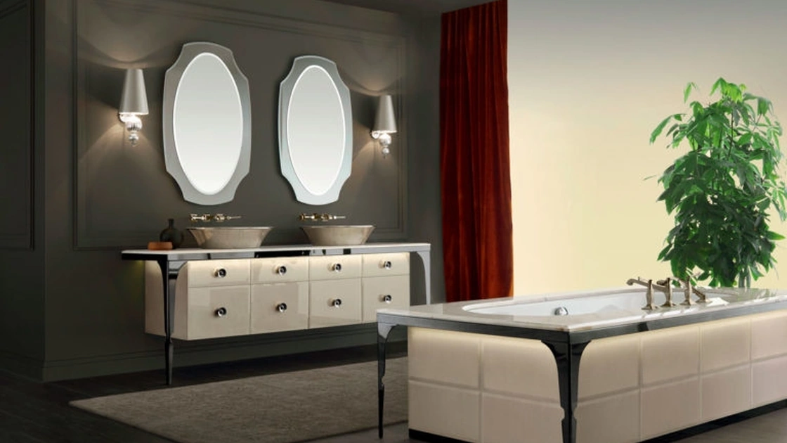 Mobile da Bagno Vitage Majestic 06 in vetro extrachiaro laccato mandorla di Milldue