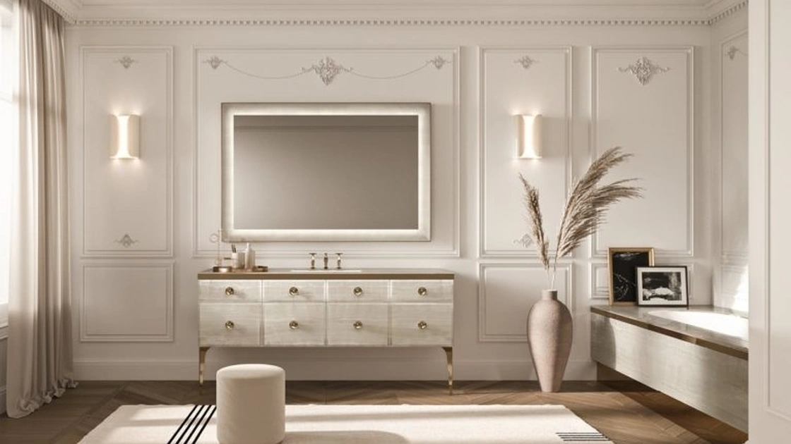 Mobile da Bagno Vitage Majestic 10 in vetro extrachiaro alabastro gold di Milldue