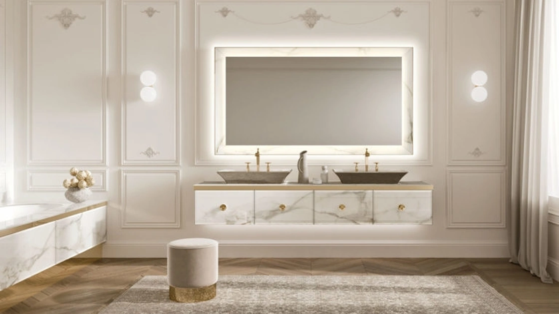 Mobile da Bagno sospeso Vitage Majestic 11 in vetro extrachiaro calacatta di Milldue