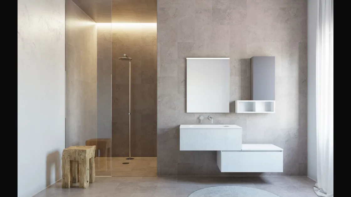 Mobile da Bagno sospeso Volo 02 in melaminico olmo bianco e top integrato mineralux bianco opaco di Arredoquattro