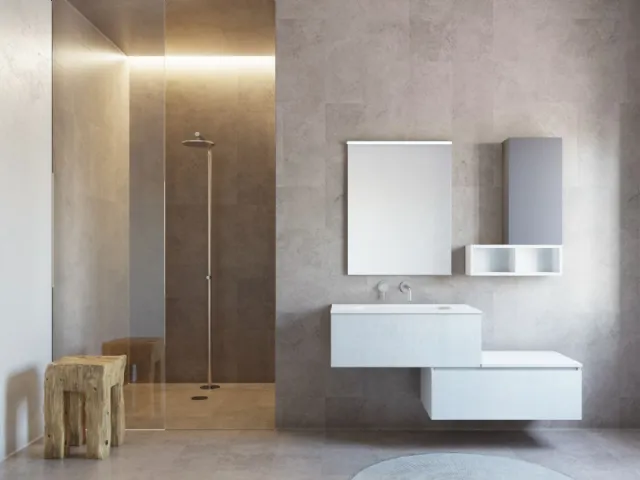 Mobile da Bagno sospeso Volo 02 in melaminico olmo bianco e top integrato mineralux bianco opaco di Arredoquattro