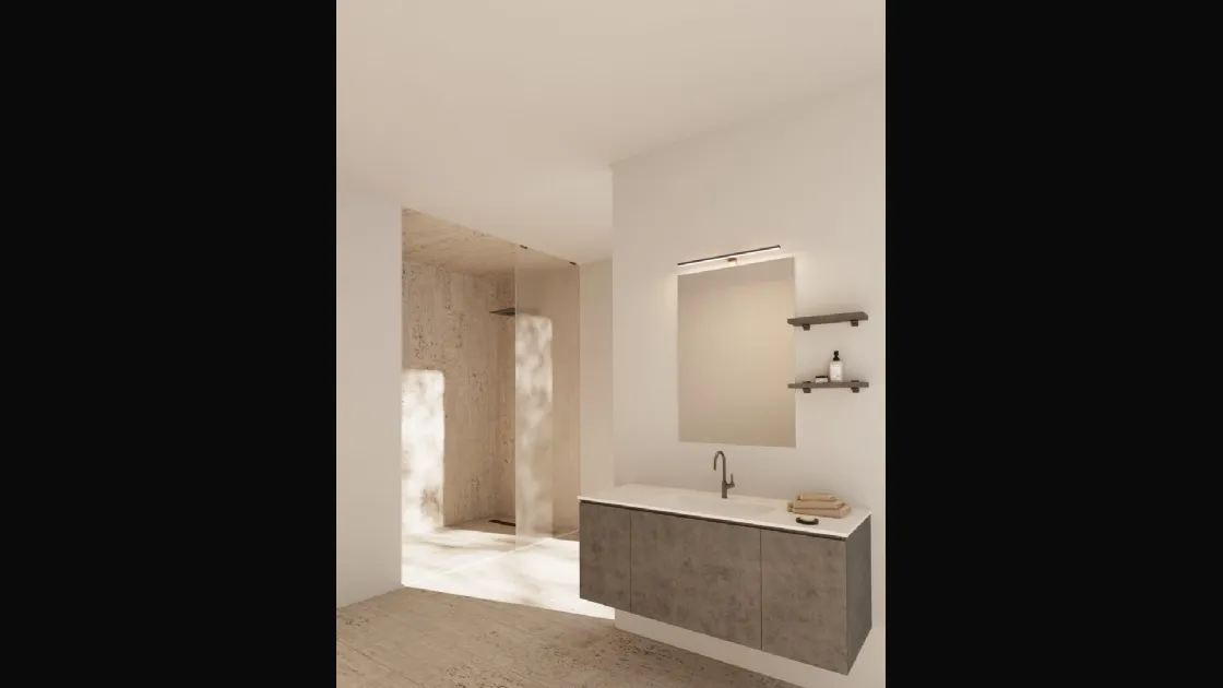 Mobile da Bagno sospeso Volo 03 in melaminico cement grey e top con lavabo integrato in ceramica di Arredoquattro