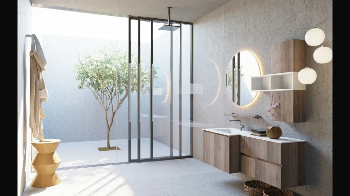 Mobile da Bagno sospeso Volo 11 in melaminico rovere con top integrato in mineralux di Arredoquattro