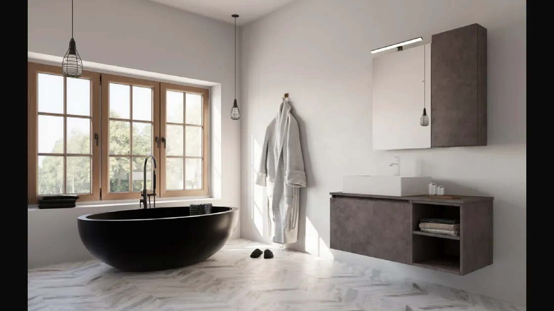 Mobile da Bagno sospeso Volo 10 in melaminico Ossido di Ferro e lavabo in ceramica bianca di Arredoquattro