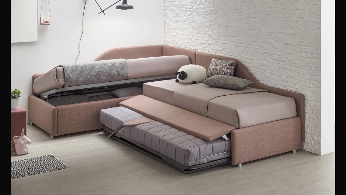 Daybed Singolo in tessuto con secondo letto estraibile o contenitore Joy Estraibile di V&Nice