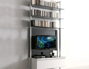 Libreria Capri in metallo con ripiani in vetro e cassetto laccato di Ponti Terenghi