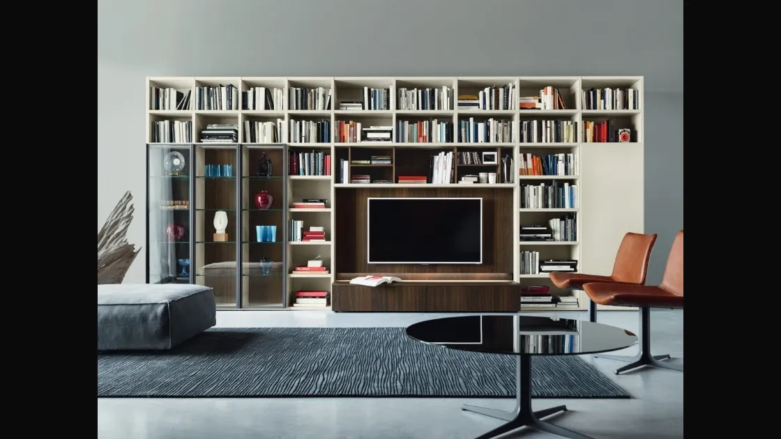 Libreria con vano porta TV Modo M6C63 in Rovere termotrattato e laccato opaco di Sangiacomo