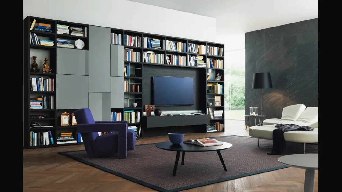 Libreria con vano porta TV Modo M6C72 in laccato opaco e Rovere carbone di Sangiacomo