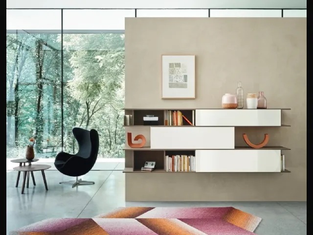 Libreria sospesa Lampo L6C13 in vetro lucido e impiallacciato Rovere di Sangiacomo