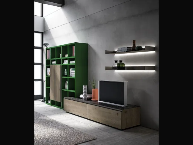 Libreria a muro Speed Up 01 in Rovere Cenere e laccato Verde Foglia di Dall'Agnese