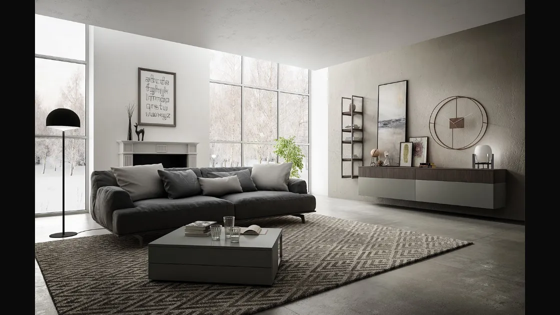 Mobile sospeso Living 03 in laccato opaco grigio e Noce bruno di Arredo3