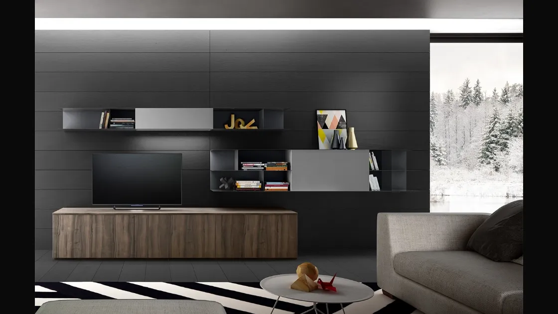 Parete Attrezzata Living 06 in laminato effetto legno e laccato Grigio opaco di Arredo3