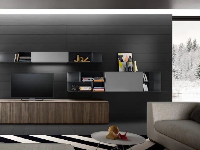 Parete Attrezzata Living 06 in laminato effetto legno e laccato Grigio opaco di Arredo3