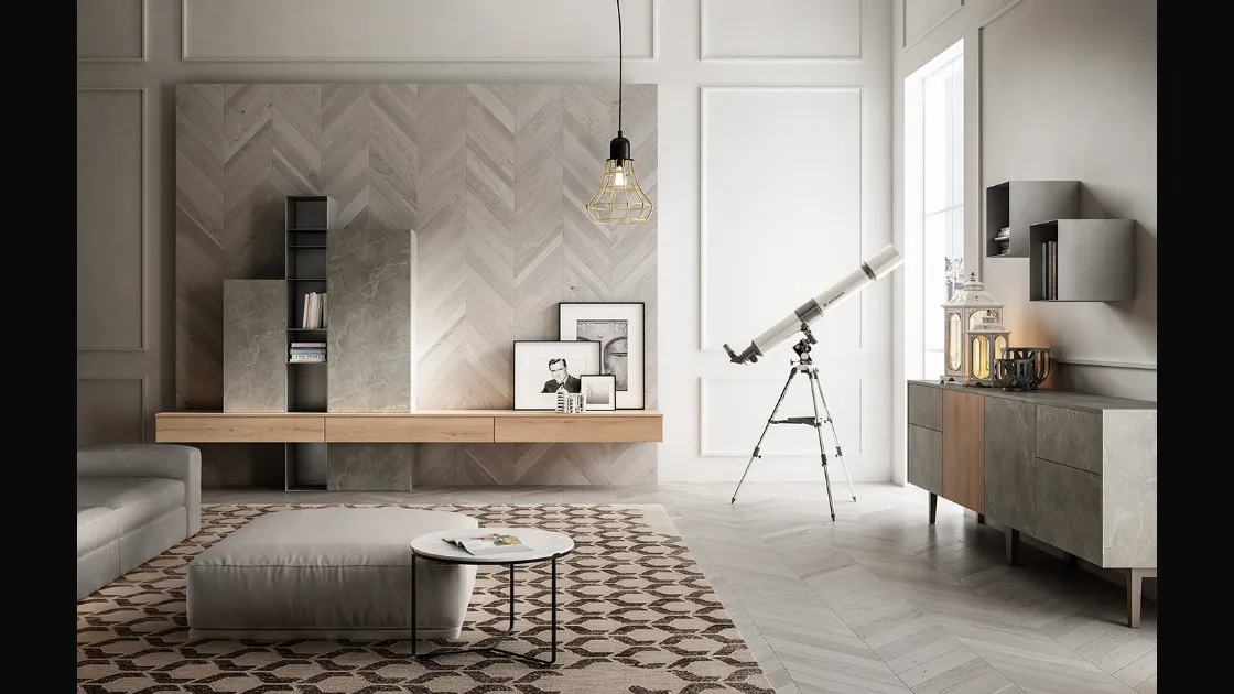 Parete Attrezzata Living 05 in Rovere e Pietra di Arredo3