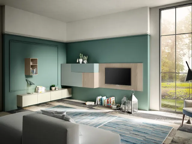 Parete Attrezzata Living 10 in laccato opaco e Aria Larice Cortina di Arredo3