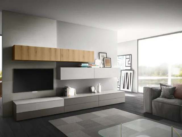 Parete Attrezzata Living 11 in laccato opaco e Rovere biondo di Arredo3