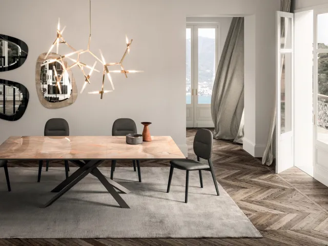 Tavolo rettangolare in marble glass e base in metallo 4X4 Allungabile di Ozzio