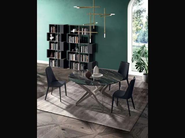 Tavolo Big Round Fisso in Cristallo Ceramica Noir Desir con base in metallo di Ozzio