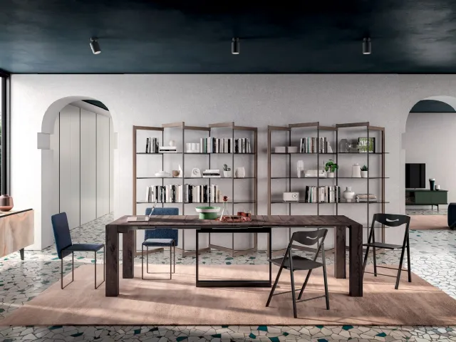 Consolle A4 allungabile in Rovere e metallo dotata di 4 prolunghe incorporate nella struttura di Ozzio