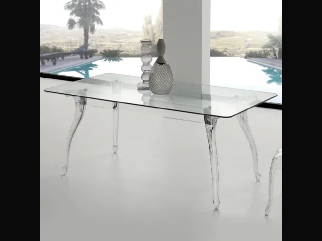 Tavolo di design Regina Table in vetro temperato trasparente con struttura in acrilico trasparente e gambe in policarbonato di La Seggiola