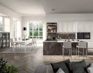 Cucina Classica angolare con penisola in legno di Frassino laccato Bianco a poro aperto e laminato effetto marmo Emma di Arredo3