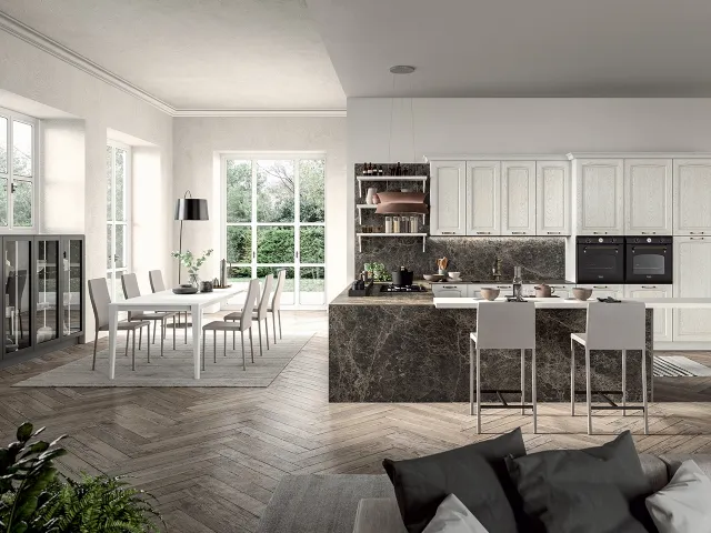 Cucina Classica angolare con penisola in legno di Frassino laccato Bianco a poro aperto e laminato effetto marmo Emma di Arredo3