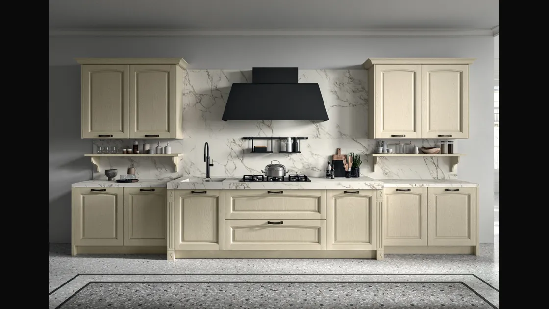 Cucina Classica lineare in legno di Frassino finitura decapè Avorio e top in Dekton effetto marmo Emma di Arredo3