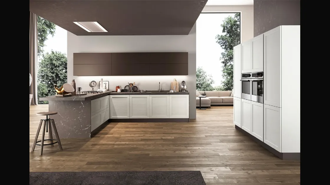 Cucina angolare Classica Frame con basi in Frassino e top in laminato effetto Marmo di Arredo3