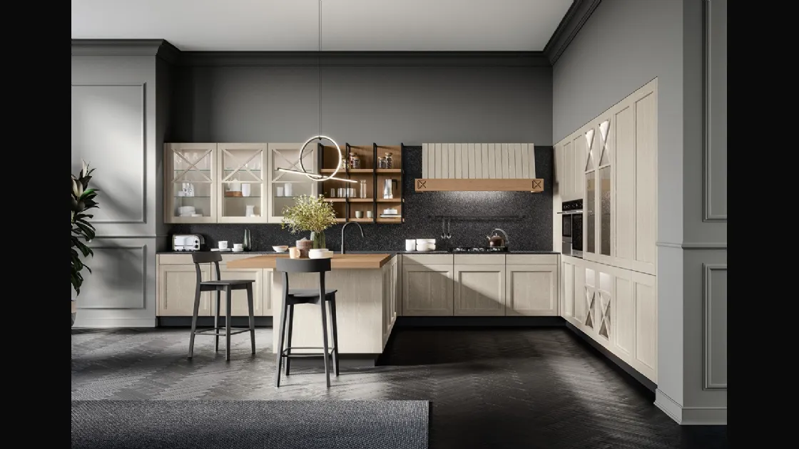 Cucina Classica angolare Frida classic in Frassino massello finitura decapè Fieno con top in quarzo di Arredo3