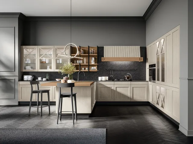 Cucina Classica angolare Frida classic in Frassino massello finitura decapè Fieno con top in quarzo di Arredo3