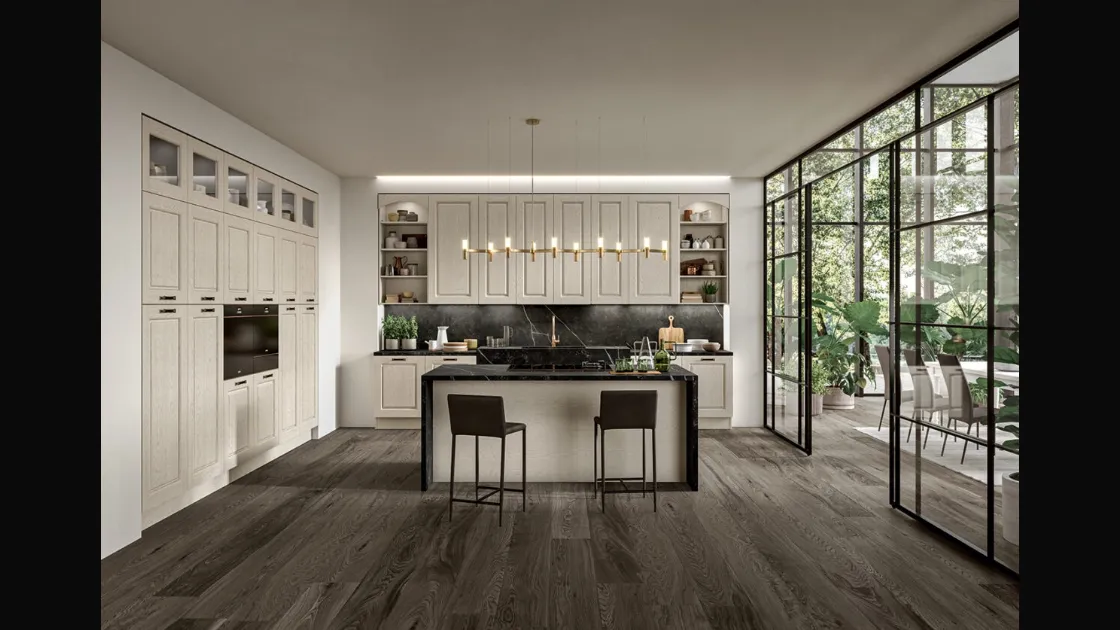 Cucina Classica con isola in legno di Frassino finitura Juta decapè e top in Dekton Verona di Arredo3