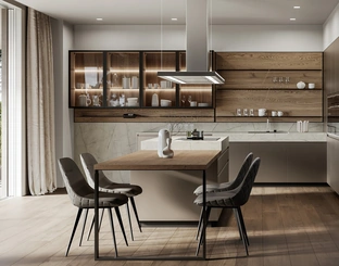 Cucina Moderna con isola Wega 02 in laccato metallizzato e rovere di Arredo3